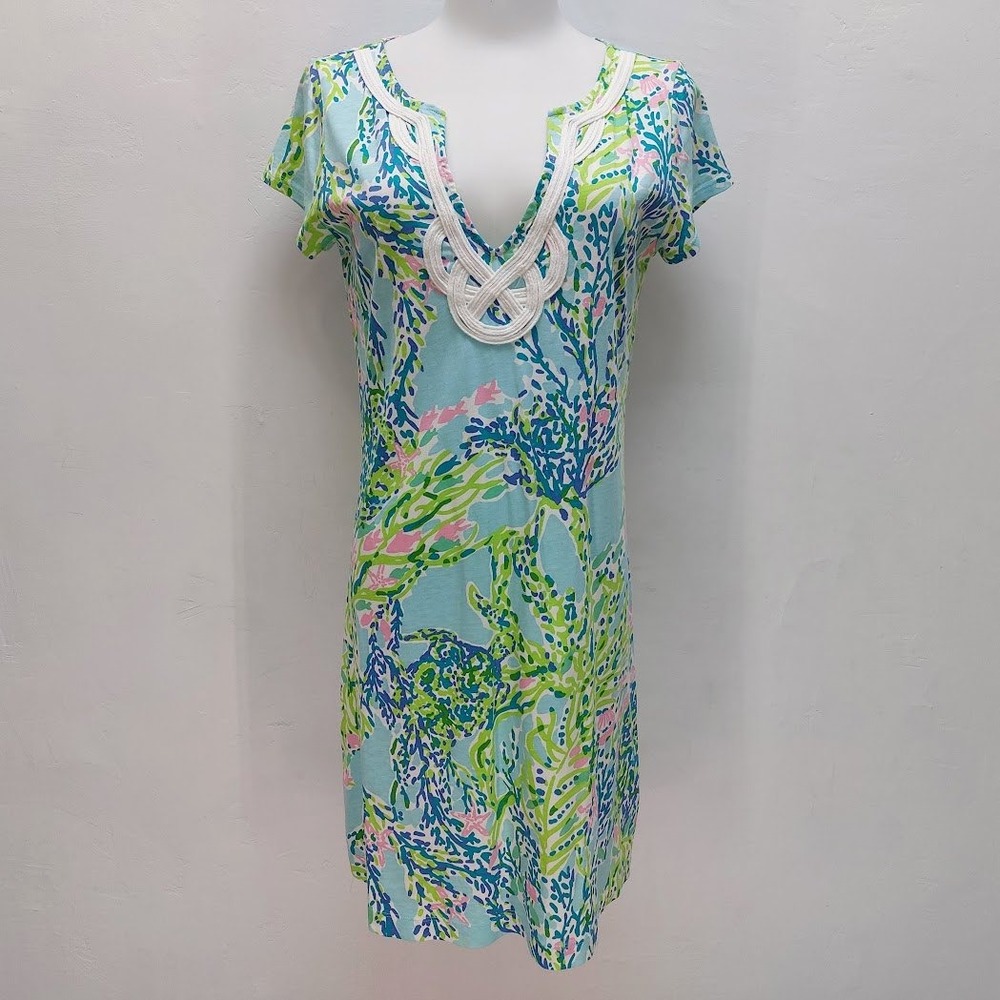 Lilly Pulitzer T-Shirt Dress Women's M Blue Coral Print Pima Cotton Coastal